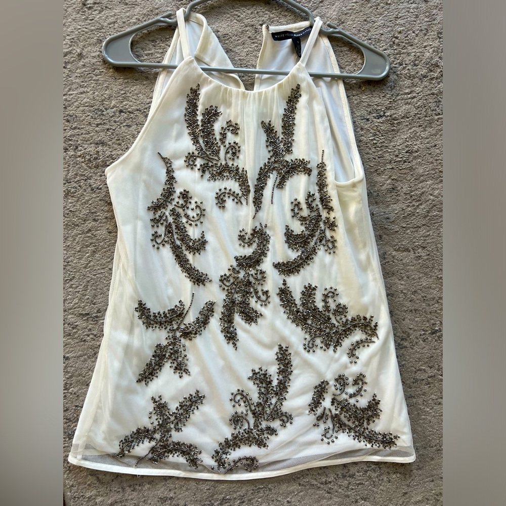 Cream White House black market beaded sleeveless mesh blouse